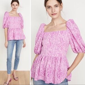 Stine Goya Irene Snake Printed Puff Sleeve Square Neck Top Blouse Pink XS